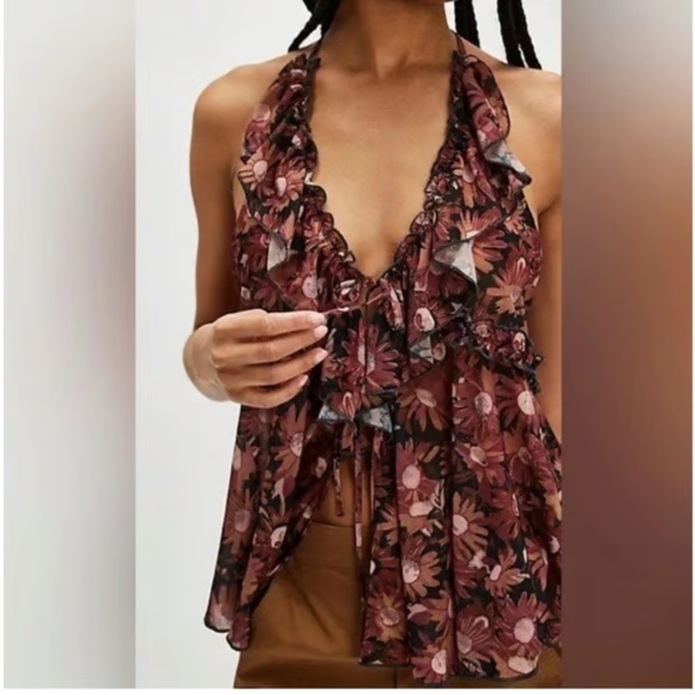 Free People Fearless Knit Burgundy Floral Ruffle Blouse Medium Brown Daisy